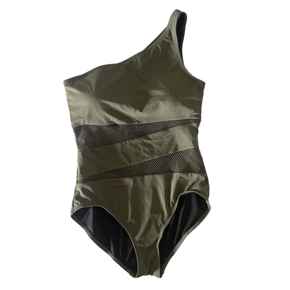 Carmen Marc Valvo One Shoulder Mesh Cutout Swimsuit Olive Green 12 NWOT - Picture 2 of 8